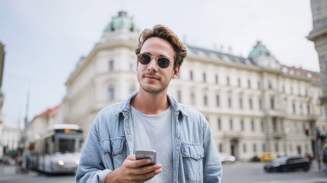 Young caucasian male with smartphone in urban setting wearing sunglasses and denim jacket