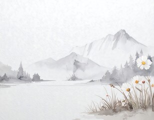Misty mountain landscape with flowers
