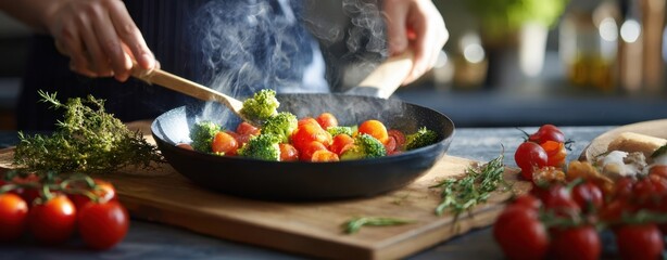 The vibrant cooking scene with fresh vegetables in a steaming pan