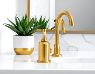 Modern bathroom vanity with gold accents and a plant