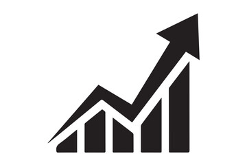 Black silhouette of a bar graph with an upward trending arrow indicating growth and progress