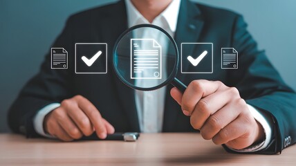 Document approval and quality assurance process concepts. Hand holding a magnifying glass focusing on check mark symbol with document icon, document approval, compliance, and quality assurance process