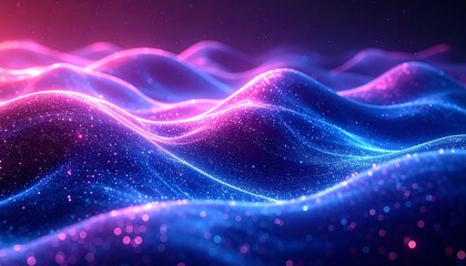 Abstract digital illustration of glowing, undulating lines and particles in pink and blue hues, suggestive of waves