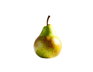 A single, ripe pear, predominantly green with russet brown speckling, is presented against a stark black backdrop; its stem is clearly visible