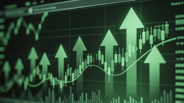Financial Growth: Depicts an upward trend, the dynamic of rising market, with green arrows symbolizing growth and progress, set against a dark background, reflecting the vitality of financial markets.
