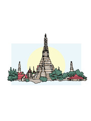 Wat Arun Temple Thailand Handdrawn