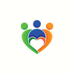 Abstract heart shape with people in green, blue, and orange