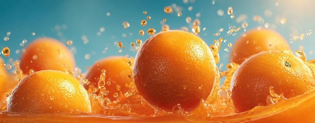 The vibrant oranges splashing in sweet juice create a refreshing scene.
