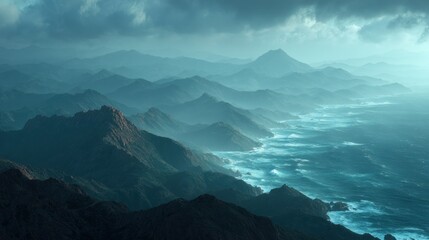 Misty mountain seascape under a clouded sky showcasing coastal topography