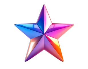 A five-pointed, metallic star with a vibrant, iridescent, color gradient transitioning from blue to pink and orange.  The star is highly polished, reflecting light intensely