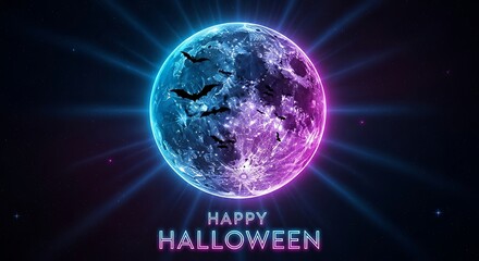 A neon full moon with bats flying around it says happy halloween night