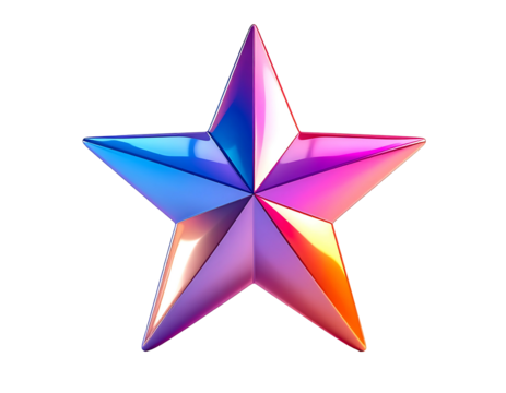 A five-pointed, metallic star with a vibrant, iridescent, color gradient transitioning from blue to pink and orange.  The star is highly polished, reflecting light intensely