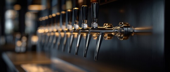 The beer taps in a stylish dimly lit bar with bokeh background
