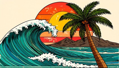 Retro surf scene with sun and palm tree