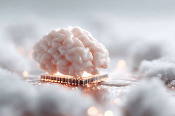 Brain atop a circuit board, surrounded by clouds. A concept for AI, machine learning, technology, the cloud, computing and neural networks. Ethereal  dreamlike.