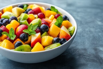 Colorful and Fresh Fruit Salad with Mango, Kiwi, Apple, Berries, and a Splash of Citrus Juice