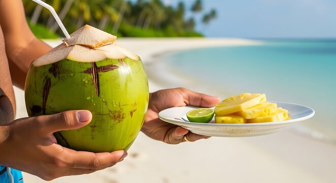 Person holding coconut drink and pineapple slices on beach. - Powered by Adobe