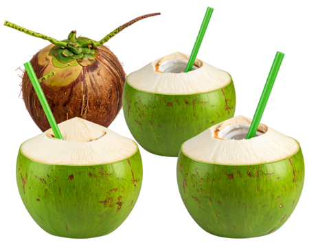 Three young green coconuts, one whole brown coconut, all with green straws inserted into their opened tops, against a black background