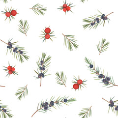 Seamless watercolor pattern with evergreen branches, juniper, red and blue berries. Hand-painted festive texture symbolizing winter holidays, natural decoration, seasonal design for textile, packaging