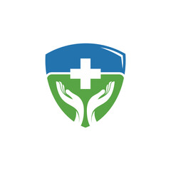 Hands holding a medical cross shield