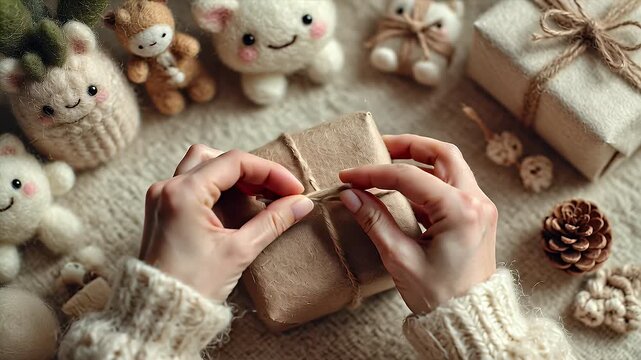 Cozy Winter Gift Wrapping: Handmade Toys and Rustic Charm