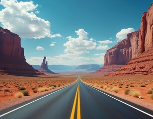 A scenic highway stretches through desert valley, red rock formations line sides. Long road reaches distant horizons under bright sky, inviting travel, adventure, exploration.