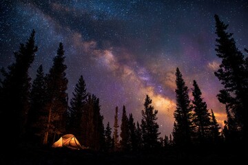 Serene night under starlight: A tent glows warmly beneath a starlit sky, revealing a tranquil camping experience immersed in the peace of the great outdoors.