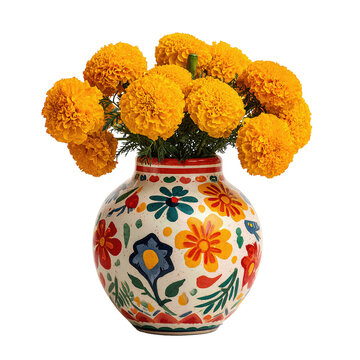 A cheerful bouquet of vibrant orange marigolds in a colorful, hand-painted Talavera-style ceramic vase, a festive and beautiful symbol of Mexican folk art.

