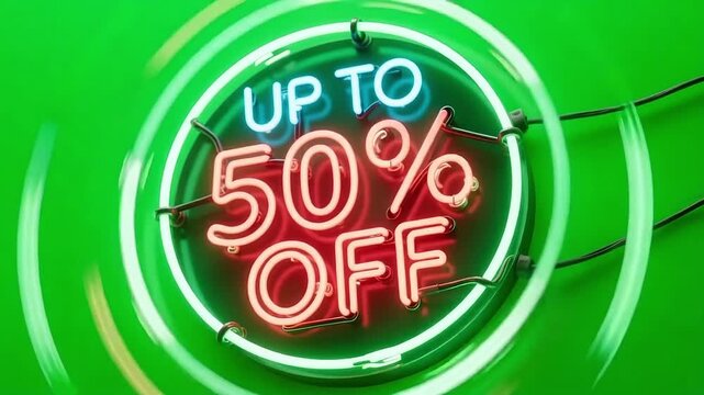 Bright neon sign announces a fantastic sale with up to 50% off, glowing against a vibrant green background.