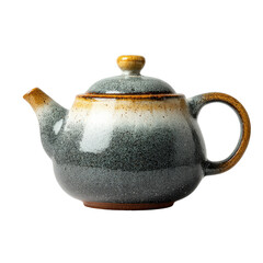 Small, round teapot with a speckled grey, white, and brown glaze; rounded handle and lid