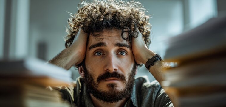 The overwhelmed young man surrounded by paperwork in a busy office environment. - Powered by Adobe