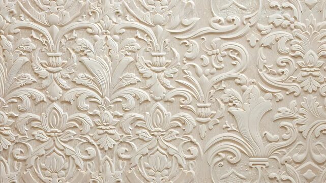 Elegant embossed wallpaper design featuring intricate floral patterns in soft cream tones