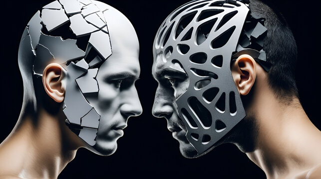 Split personality conflict: mental fracture, identity division, inner paradox, emotional split, cognitive rift, dissociative state, internal clash, dual persona, self contrast psychological dissonance