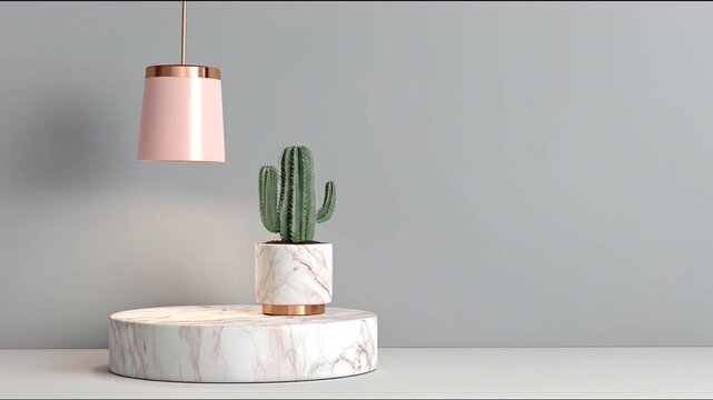 Minimalist setup with a cactus in a marble pot and hanging pink lamp on gray background