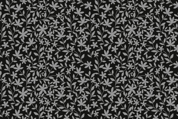 Elegant gray floral seamless pattern on black background, featuring delicate blossoms and leafy vines. Perfect for fabric, wallpaper, and digital design.
