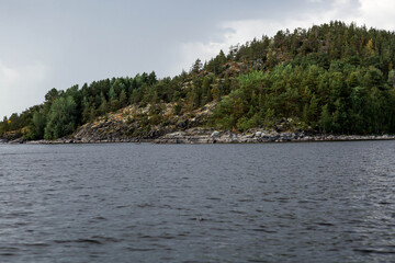 Ladoga skerries, stone islands on Lake Ladoga. Beautiful natural landscape. Republic of Karelia, Russia.