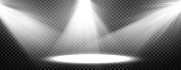 Spotlight overlay with stage show and miracle black holiday spot. Space white presentation scene star night abstract ray. Glow background light vector magic or luxury starry event.