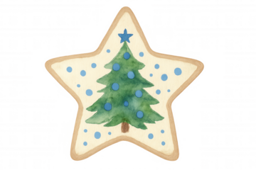 Star cookie with christmas tree illustration and blue polka dots, festive watercolor holiday dessert, transparent background