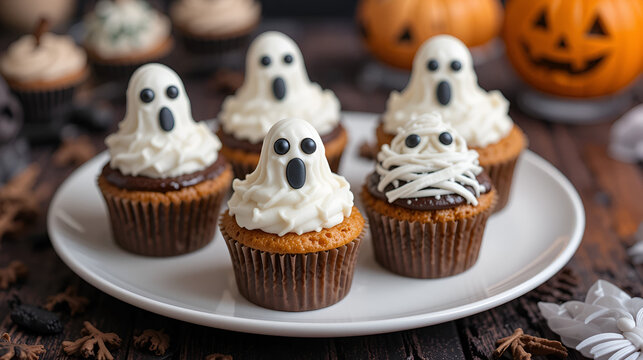 Halloween decorative cupcakes on white  plate with festive ghost and mummy icing designs. Perfect for parties, bakery promotions, seasonal menus, and holiday celebrations.