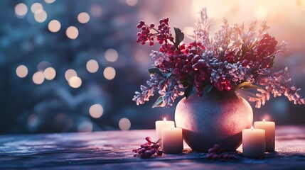 Winter Ambience With Cozy Floral Vase and Glowing Candles Creating a Warm Holiday Atmosphere
