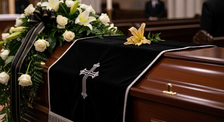 Funeral service with coffin and flowers in church. Funeral honors with black drape over casket, white roses, and lilies show grief. Remembering loved one at funeral service, bringing closure.