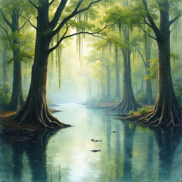 Watercolor illustration of river in forest with tupelo trees rising from still water and Spanish moss in morning light. Calm landscape with sun reflecting from water surface at dawn.