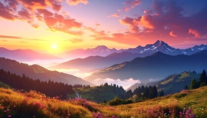 A serene mountain scene at sunrise. Lush green hills meet majestic, snow-capped peaks under a fiery, vibrant sky with wisps of clouds