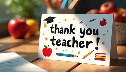 Greeting card with words Thank You Teacher on wooden table in sunlight. Apples and stationery background. Congratulation note with school supplies on desk as appreciation, gratitude to educator.