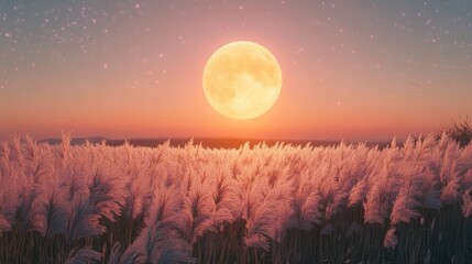 Full moon and Japanese pampas grass in midnight,The harvest Miscanthus sinensis and full moon,beautiful night sky in the countryside with the perfect moon exudes beauty in the dark.