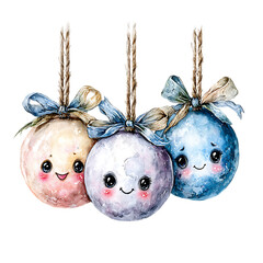 Fototapeta premium collection of three pastel baubles (pink, mint, lavender) with kawaii faces Pastel Christmas Ornament Stickers Holiday Planner and Scrapbooking Supplies