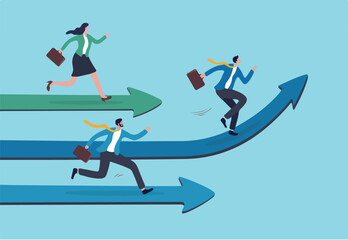 Taking initiative be first to try different way and discover new opportunity, creative way to success and win competition, leadership skill concept, businessman taking initiative run in different way.