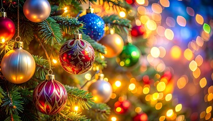 A closeup of an evergreen tree, adorned with vibrant ornaments and twinkling lights. Soft bokeh creates a warm holiday atmosphere