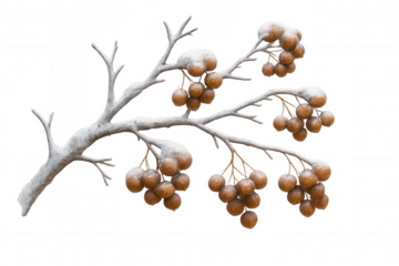 Winter tree branch covered in snow with brown berries, creating a festive christmas season nature scene