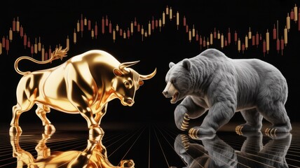 Market Dynamics: A striking juxtaposition of a golden bull and a silver bear embodies the dynamic forces of the financial market, set against the backdrop of a fluctuating stock chart.